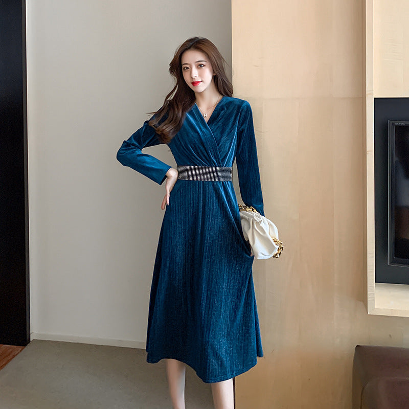 Blue Velvet Dress V-neck Waist-Controlled Large Hem Long Dress Velvet