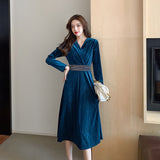 Blue Velvet Dress V-neck Waist-Controlled Large Hem Long Dress Velvet
