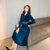 Blue Velvet Dress V-neck Waist-Controlled Large Hem Long Dress Velvet