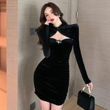 Blue Velvet Dress Gold Velvet Solid Color Shawl Drawstring Bag Hip Slim Slimming
