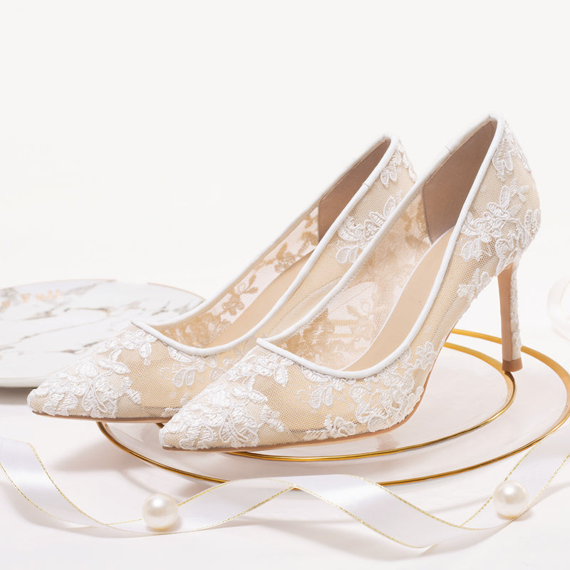 Nude Heels for Wedding White Mesh Lace High Heels Women's Stiletto Heel  Female Bride Main Wedding Shoes