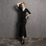 Burgundy Dress Formal Long Sleeve V-neck Dress Wedding Banquet Party Formal Dress
