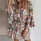 MIDI Mauve Cocktail Dress Autumn Print Chiffon Pink Turtleneck Short Skirt Mid-Waist Dress for Women