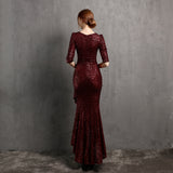 Burgundy Dress Formal Long Sleeve V-neck Dress Wedding Banquet Party Formal Dress