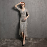 Burgundy Dress Formal Long Sleeve V-neck Dress Wedding Banquet Party Formal Dress