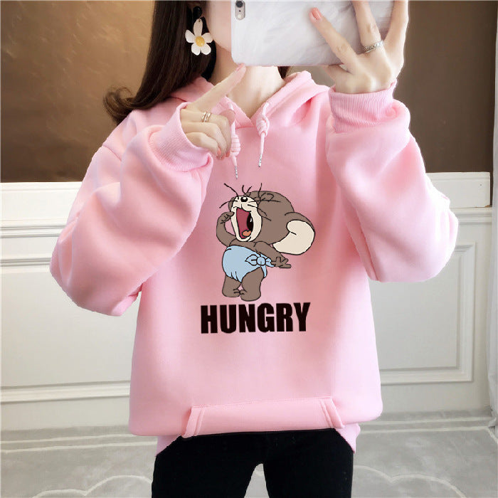 Anime Hoddies Fall/Winter Velvet Padded Thickened Sweater Women's Sports and Leisure Loose-Fitting Hoodie