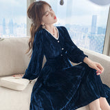 Blue Velvet Dress Elegant Slim Velvet Stitching