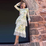 Kendall Jenner Wedding Guest Dress Elegant Printed Lace Stitching Heavy Work Pleated Holiday Cake