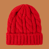Red Beanie Hat Solid Color Hat Women's Fashion Hemp Pattern Knitted Hat Autumn and Winter Beanie Hat Tide