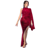 Long Homecoming Dresses Gold Velvet Sequined Sexy Hip-Wrapped Dress Dress