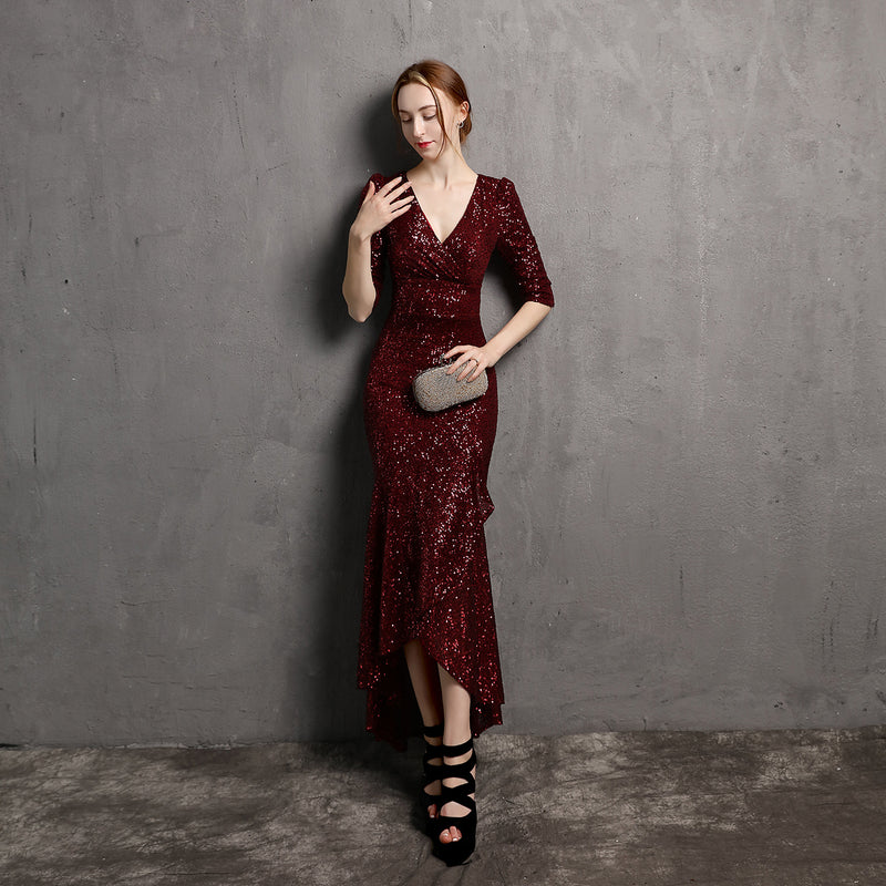 Burgundy Dress Formal Long Sleeve V-neck Dress Wedding Banquet Party Formal Dress
