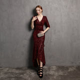 Burgundy Dress Formal Long Sleeve V-neck Dress Wedding Banquet Party Formal Dress