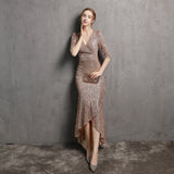 Burgundy Dress Formal Long Sleeve V-neck Dress Wedding Banquet Party Formal Dress