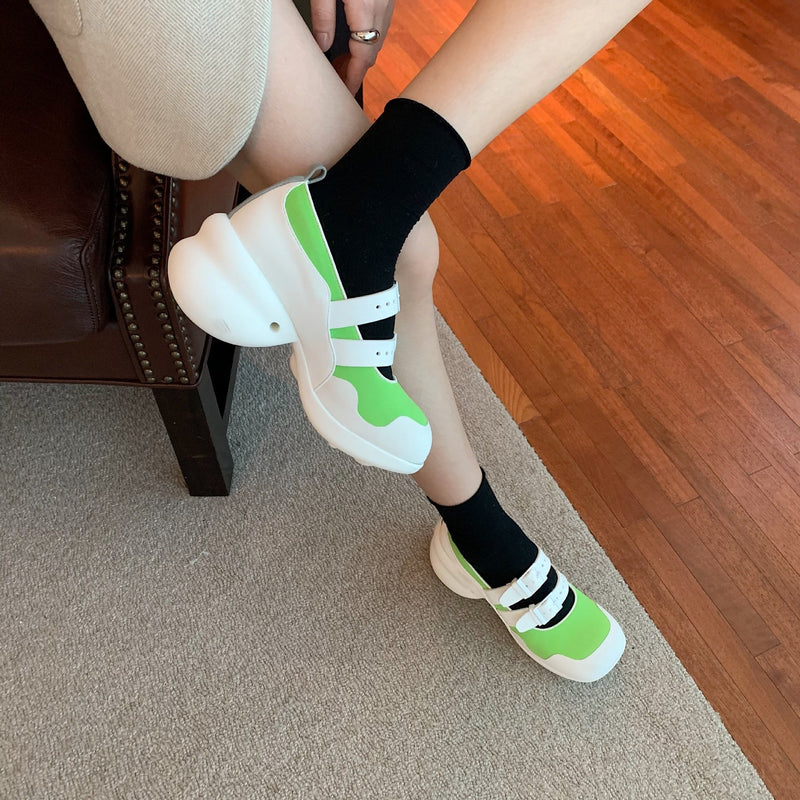 Platform Heels for Women Spring Vintage Round Toe Color-Blocking Ankle-Strap Shoes