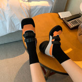 Platform Heels for Women Spring Vintage Round Toe Color-Blocking Ankle-Strap Shoes