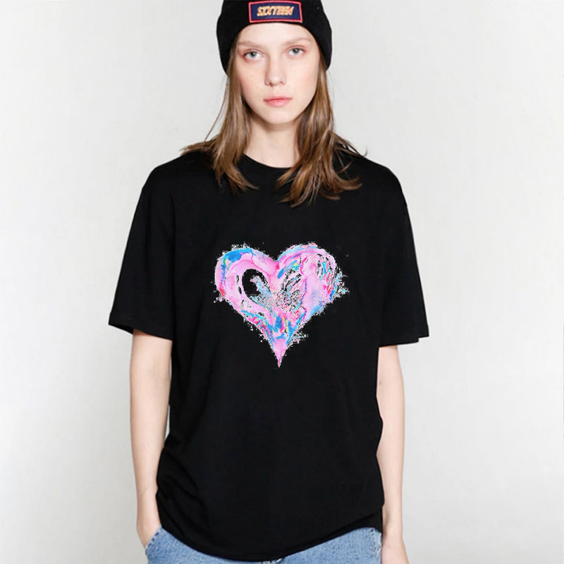 Valentine's Day T Shirts Couples Colorful Love Pattern Printed Women's T-shirt