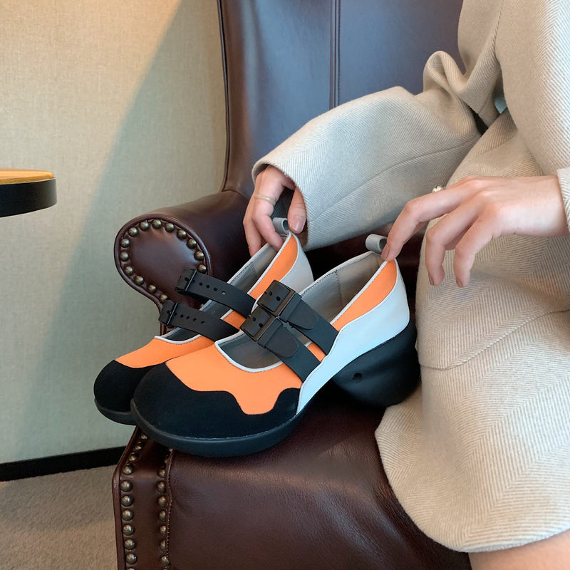 Platform Heels for Women Buckle Round Toe Color-Blocking Chunky Heel