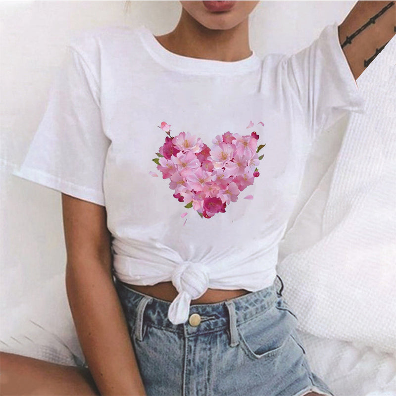 Valentine's Day T Shirts Couples Women's Heart-Shaped Flowers Print Printed Women's T-shirt
