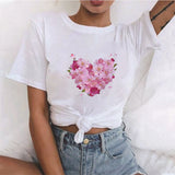 Valentine's Day T Shirts Couples Women's Heart-Shaped Flowers Print Printed Women's T-shirt