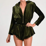 Velour Tracksuit Pleuche Long Sleeve Cropped Hooded Jacket Shorts Two-Piece Set for Women