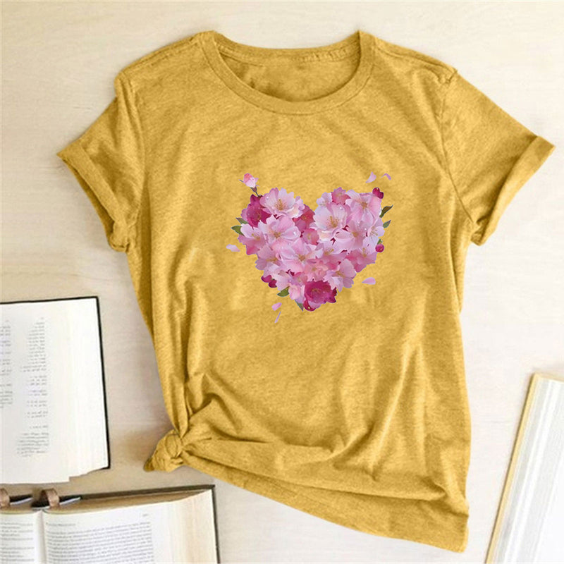 Valentine's Day T Shirts Couples Women's Heart-Shaped Flowers Print Printed Women's T-shirt