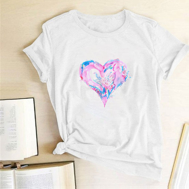 Valentine's Day T Shirts Couples Colorful Love Pattern Printed Women's T-shirt