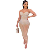 Skin Tight Long Dresses See-through Rhinestone Strap Dress