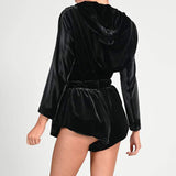 Velour Tracksuit Pleuche Long Sleeve Cropped Hooded Jacket Shorts Two-Piece Set for Women