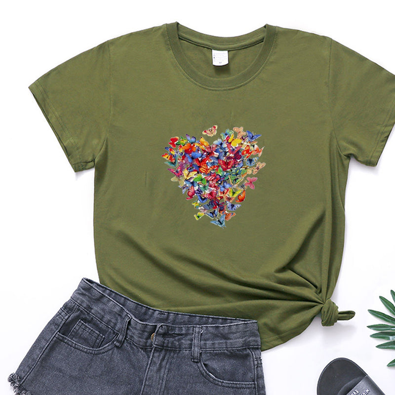 Valentine's Day T Shirts Couples Colorized Butterfly Love Pattern Printed Women's T-shirt