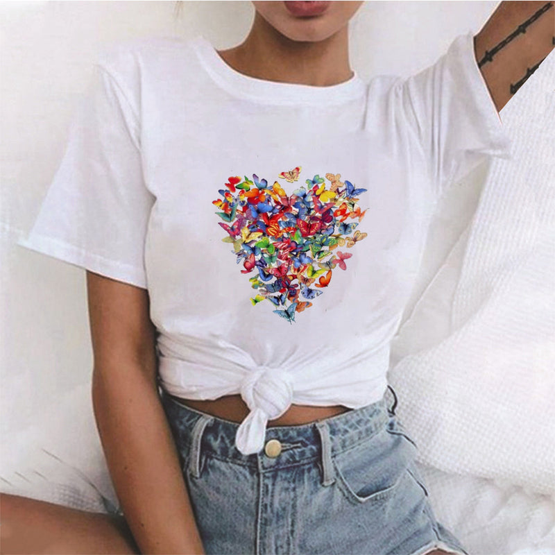 Valentine's Day T Shirts Couples Colorized Butterfly Love Pattern Printed Women's T-shirt