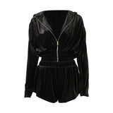 Velour Tracksuit Pleuche Long Sleeve Cropped Hooded Jacket Shorts Two-Piece Set for Women