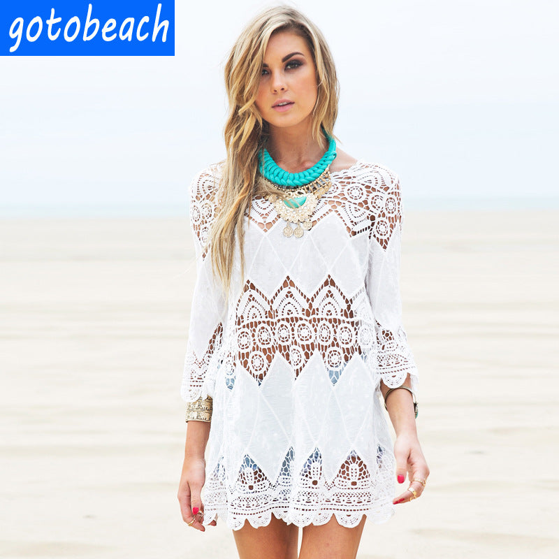 Coachella Music Festival Outfits Hollow out Crochet Coat Bikini Swimsuit Blouse Sun Protection Clothing