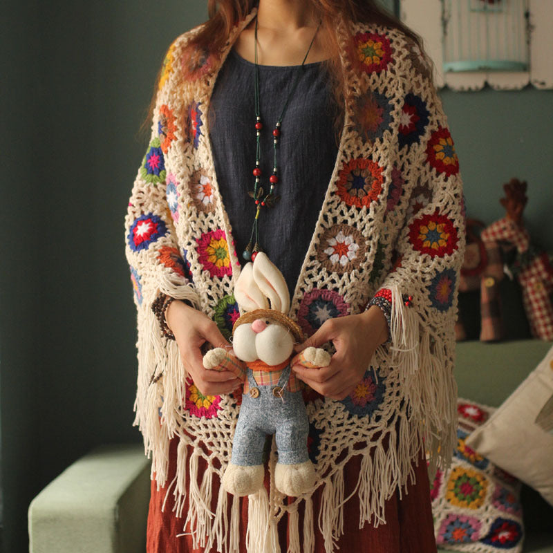 Coachella Music Festival Outfits Vintage Wool Flowers Scarf Tassel Shawl