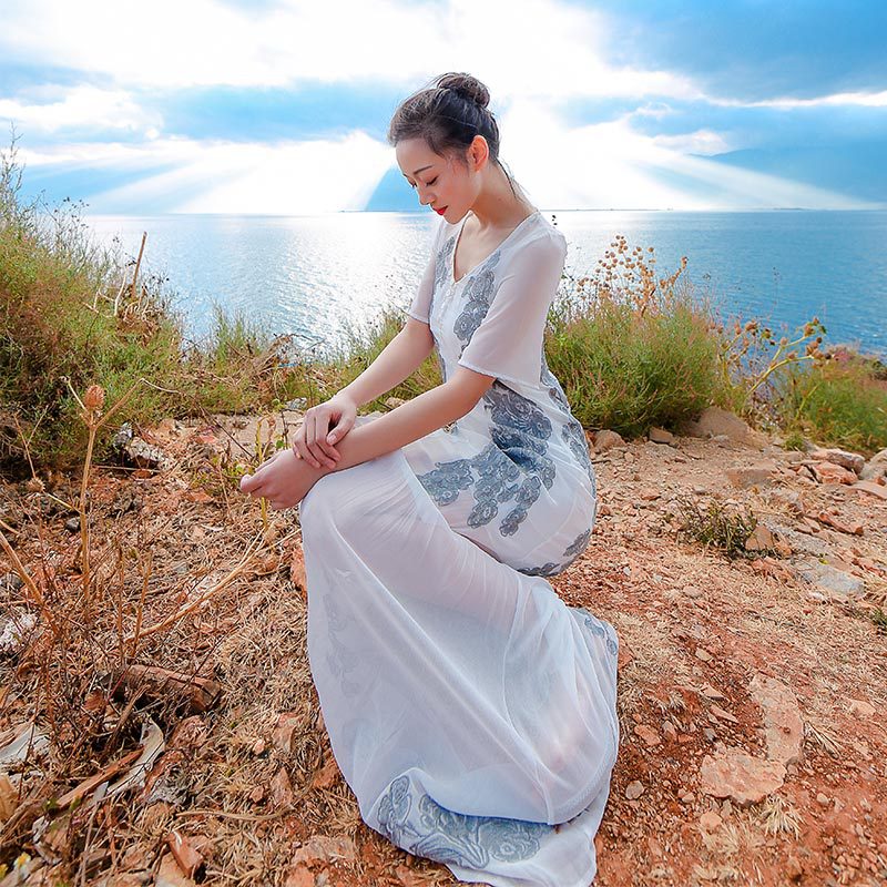 Beth Dutton Bohemian Dress Summer Spring Maxi Dresses See-through Flowy Embroidered Maxi Dress