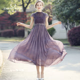 Mauve Dress Bridesmaid Short Sleeve Lace Long Dress Solid Color Chiffon Dress