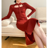 Long Sleeve Burgundy Dress Formal Autumn and Winter Cheongsam Split Dress Vintage Dress