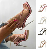 Hot Pink Heels Square Toe Lock Head Chain Crystal Heel High Heel Sandals for Women