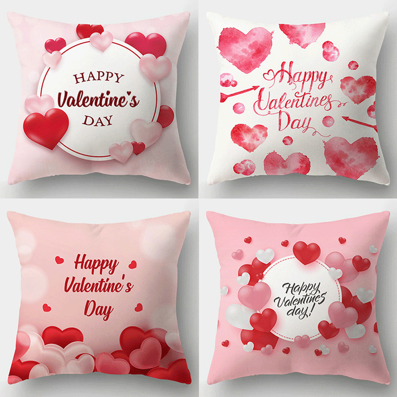 Valentine's Day Pillow Covers 4 Piece Random Styles Together, Letter Heart Printing Peach Skin Fabric Sofa Square Pillow Cushion Cover