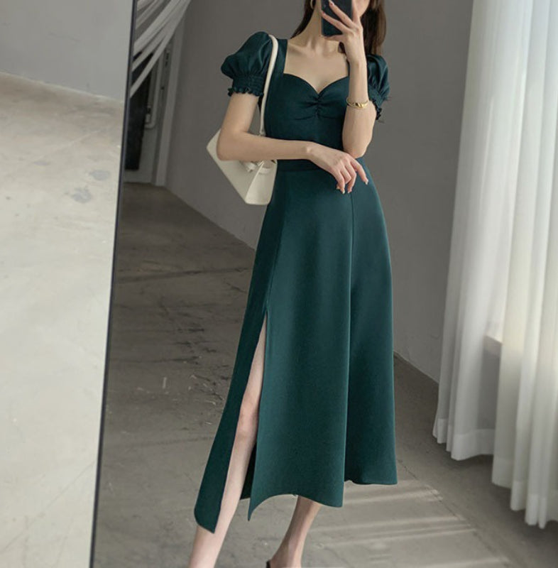 Emerald Green Dress Bubble Sleeve Square Collar Split Dress
