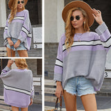 Women Pullover Knit Sweater Women's Autumn and Winter Loose plus Size Color Matching Roll-up Sleeve Sweater
