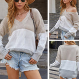 Women Pullover Knit Sweater Striped Stitching Sweater Women's V-neck off-Shoulder Coat