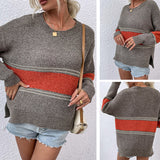 Women Pullover Knit Sweater Autumn and Winter Contrast Color Striped Split Sweater