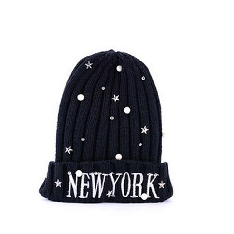 Yankee Winter Hat Hat Letter Pearl Embroidered Knitted Woolen Cap