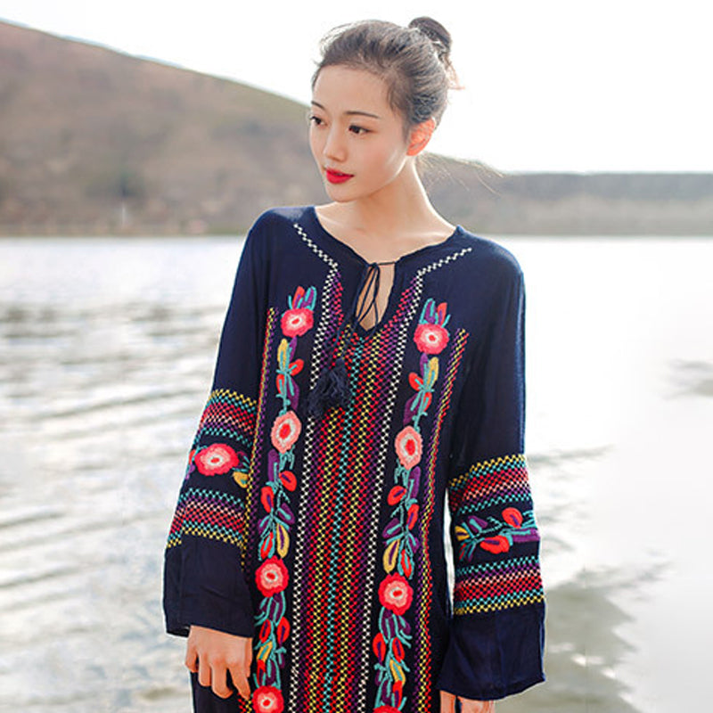 Beth Dutton Bohemian Dress Winter Autumn Maxi Dresses Embroidery Tassel V-neck Dress