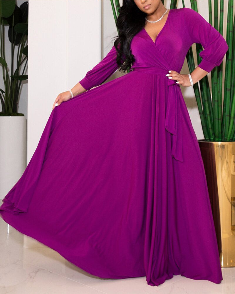 MIDI Mauve Cocktail Dress Women's Clothing Elegant Mid-Waist Lace-up Solid Color Wide Hem Dress