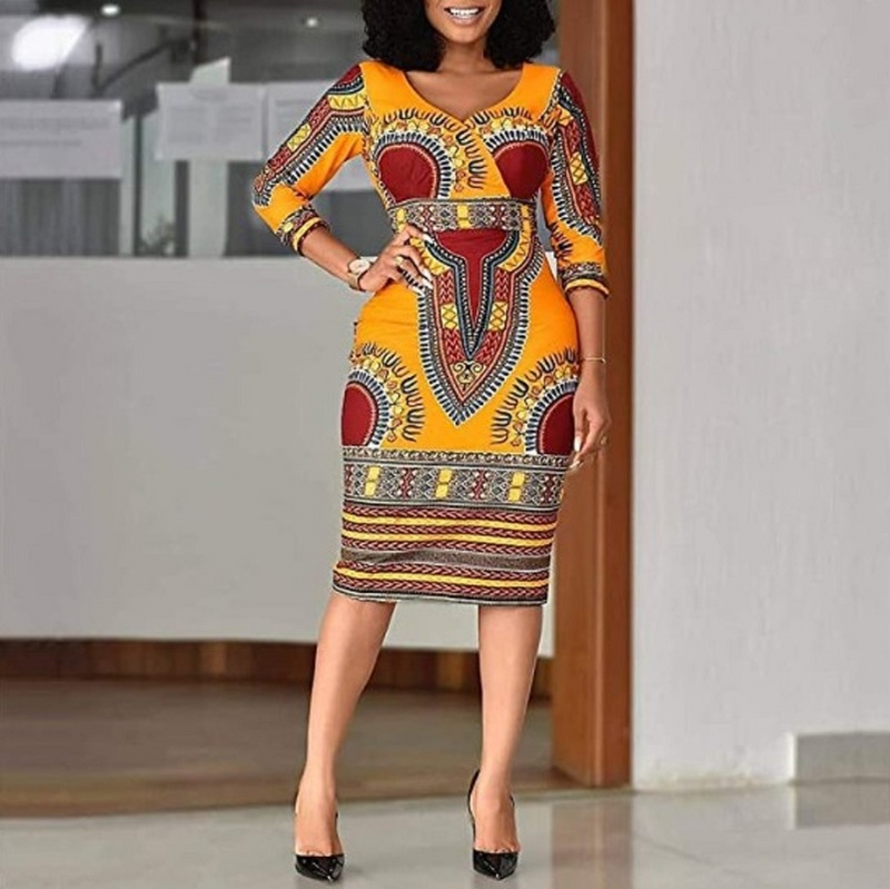 African Dashiki Dress Summer V-neck Printed Slim Dress