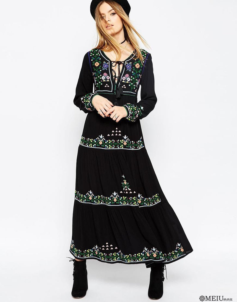 Beth Dutton Bohemian Dress Winter Autumn Maxi Dresses Solid Color Embroidery Pattern Self-Tie Dress