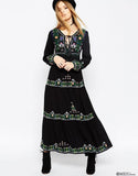 Beth Dutton Bohemian Dress Winter Autumn Maxi Dresses Solid Color Embroidery Pattern Self-Tie Dress