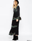 Beth Dutton Bohemian Dress Winter Autumn Maxi Dresses Solid Color Embroidery Pattern Self-Tie Dress