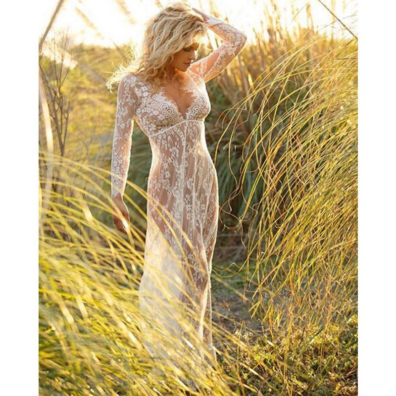 See Through Wedding Dress White Sexy Deep V-neck Long Sleeve See-Through Tight Long Dress Lace